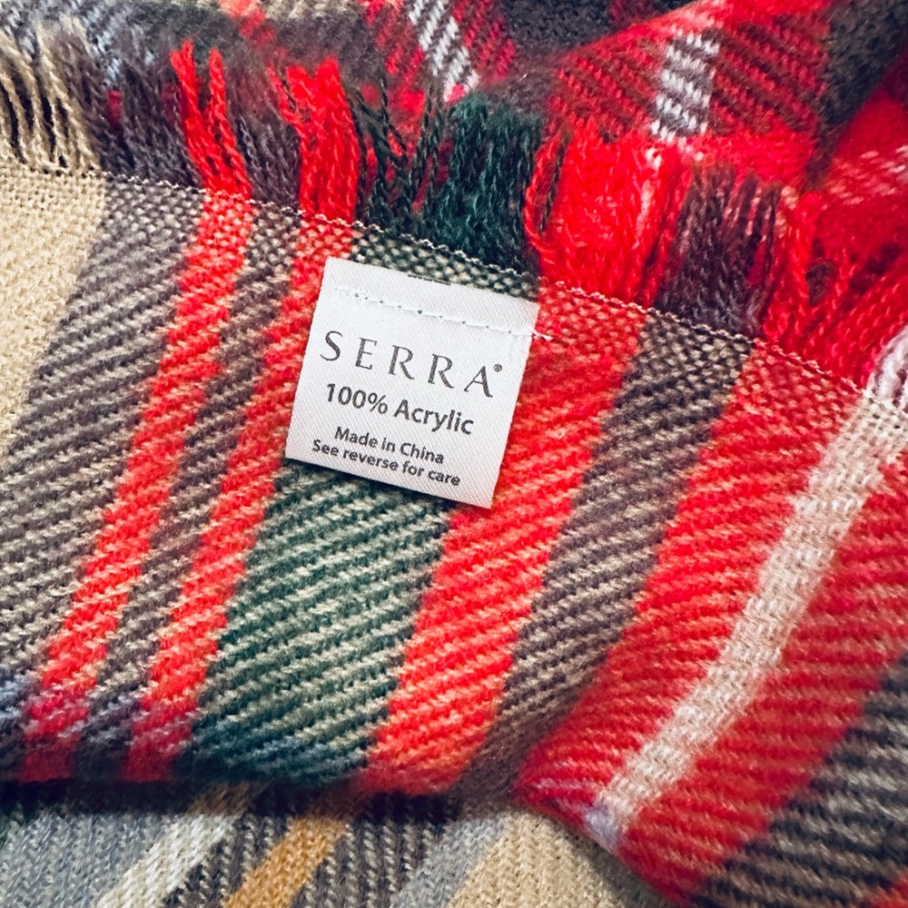 🌟3xHP🌟NWOT Red & Tan Tartan Plaid Large Square Acrylic Scarf Wrap - Picture 7 of 7